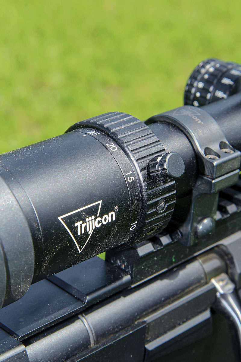 The Trijicon Tenmile HX 5-25x 50mm riflescope included a rounded and knurled throw lever that can be positioned to two different locations to better accommodate a particular rifle setup or shooting style.